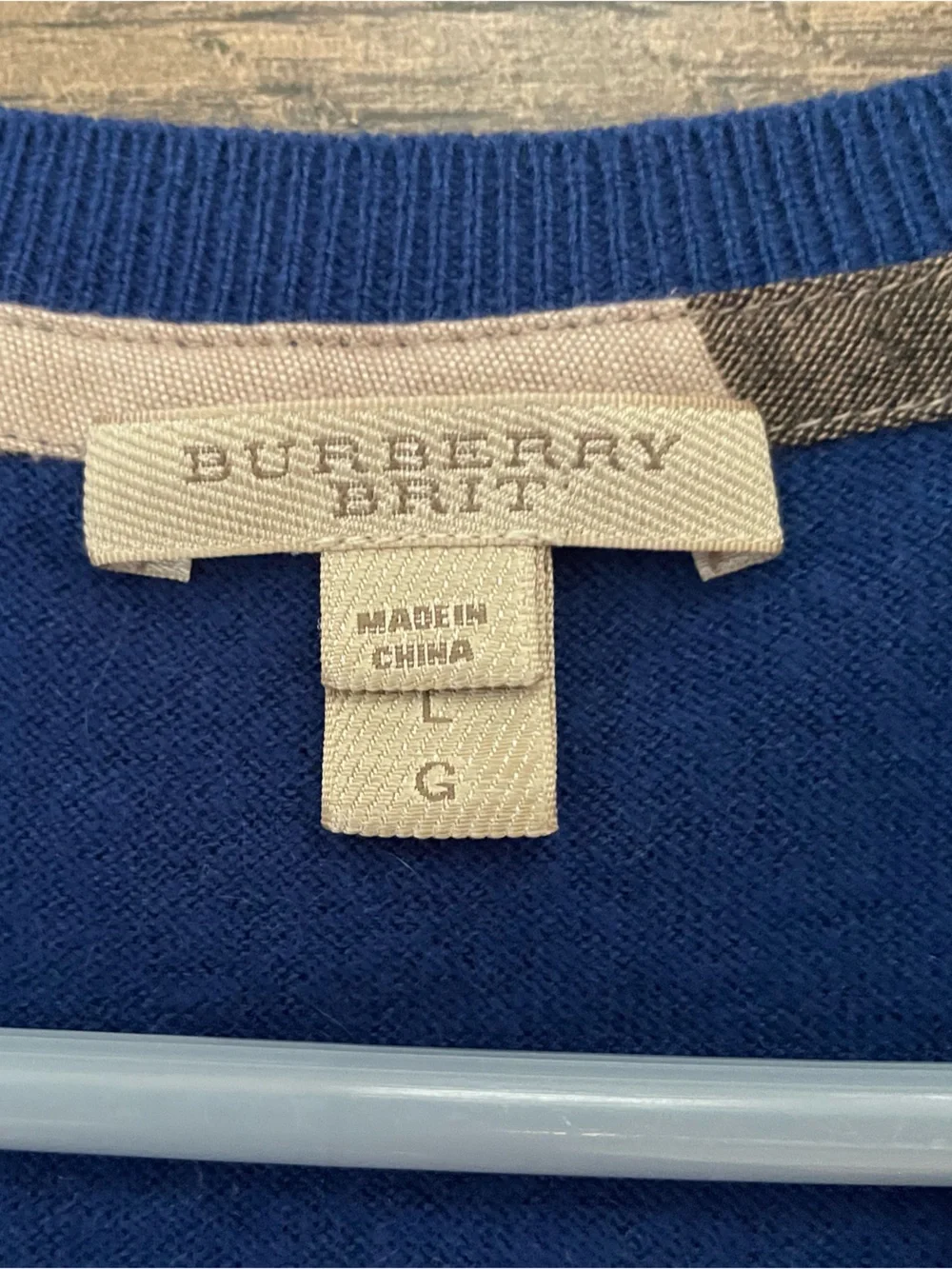 Burberry Brit Royal Blue Cashmere Cotton V-Neck Sweater with Nova Check Large